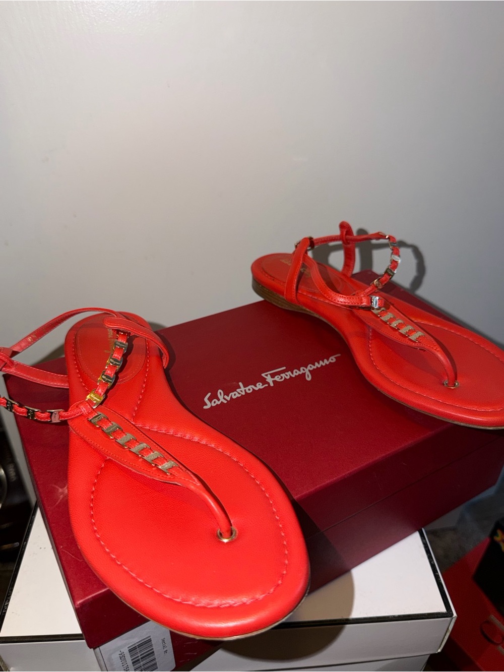 Salvatore Ferragamo Red Leather Chain-Trim T-Strap Sandals